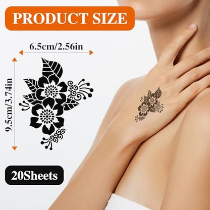 20 Sheets Temporary Tattoo Stencil Kit – Black Mehndi Templates for Kids, Teens & Adults | Body Paint & Real Tattoo Practice