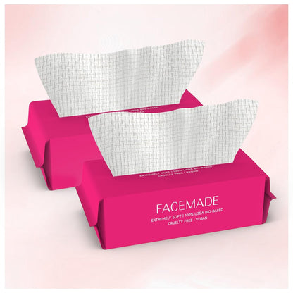 FACEMADE Ultra Thick Disposable Face Towels – 100 Count (2 Packs) – USDA Certified 100% Biobased Facial Towelettes for Makeup Remover & Skincare