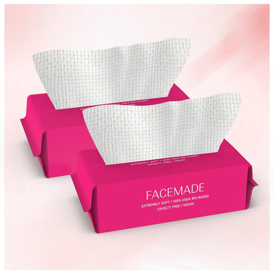 FACEMADE Ultra Thick Disposable Face Towels – 100 Count (2 Packs) – USDA Certified 100% Biobased Facial Towelettes for Makeup Remover & Skincare