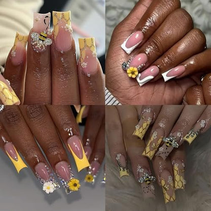 ROFIBUT Tiny Bee Nail Art Charms Set - 60Pcs Resin Cartoon Daisy Flower & Gold Alloy Bee Nail Gems for Spring Summer Nail Decoration
