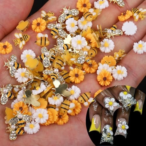 ROFIBUT Tiny Bee Nail Art Charms Set - 60Pcs Resin Cartoon Daisy Flower & Gold Alloy Bee Nail Gems for Spring Summer Nail Decoration - görsel 2