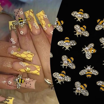 ROFIBUT Tiny Bee Nail Art Charms Set - 60Pcs Resin Cartoon Daisy Flower & Gold Alloy Bee Nail Gems for Spring Summer Nail Decoration