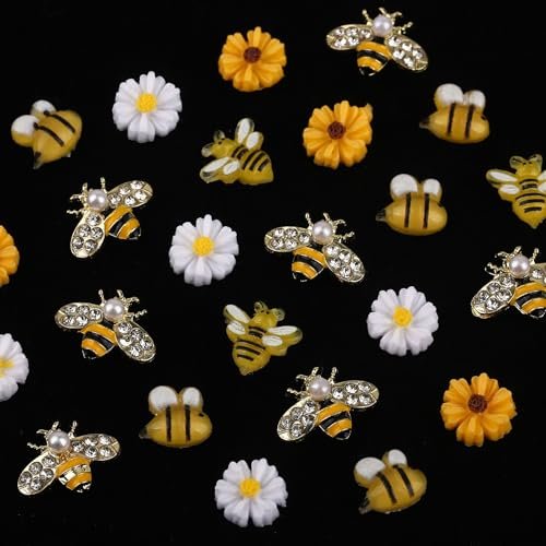 ROFIBUT Tiny Bee Nail Art Charms Set - 60Pcs Resin Cartoon Daisy Flower & Gold Alloy Bee Nail Gems for Spring Summer Nail Decoration - görsel 10