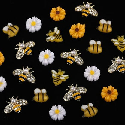 ROFIBUT Tiny Bee Nail Art Charms Set - 60Pcs Resin Cartoon Daisy Flower & Gold Alloy Bee Nail Gems for Spring Summer Nail Decoration
