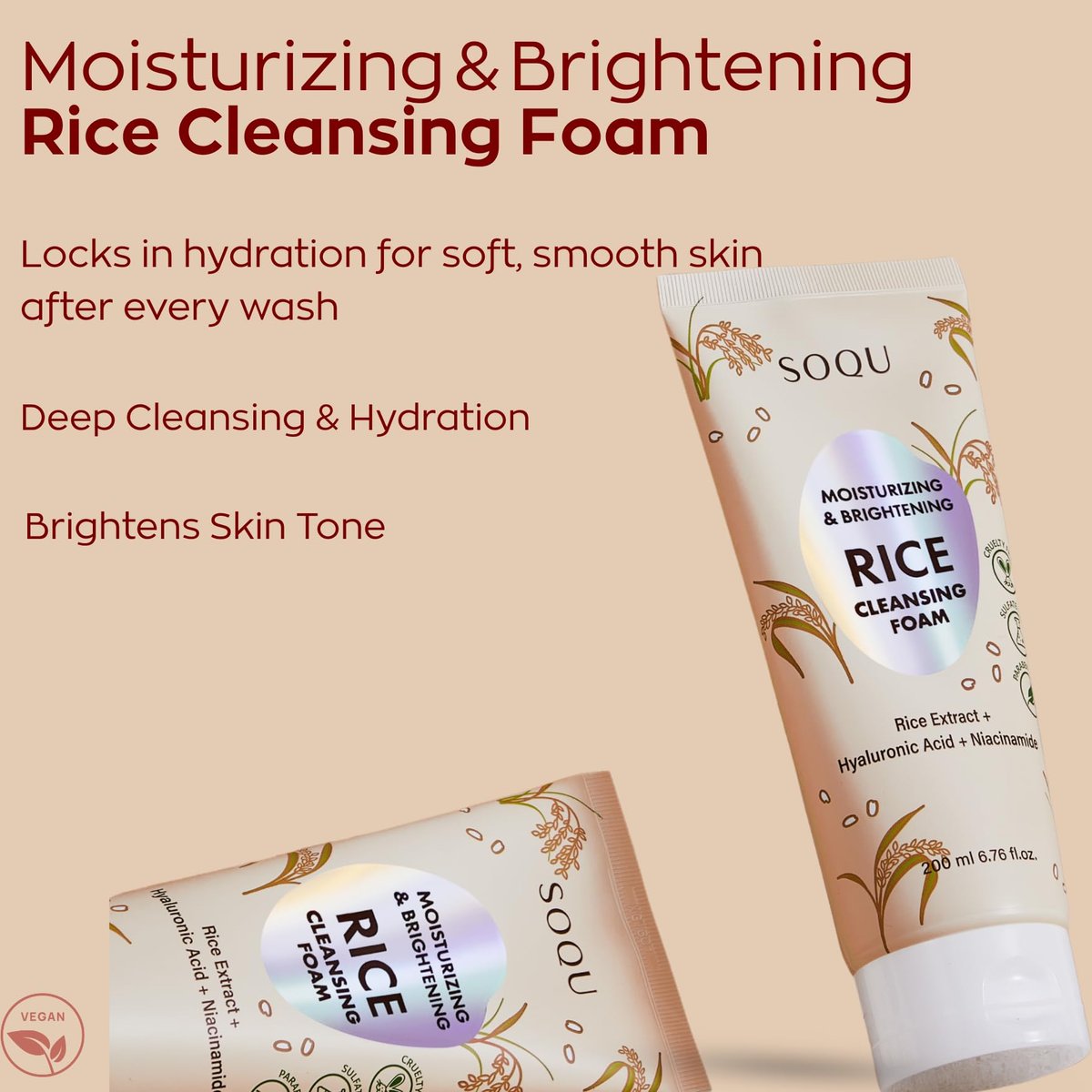 SOQU Rice Foam Cleanser with Niacinamide & Hyaluronic Acid – Gentle Korean Face Wash for Hydrating & Brightening – Made in Korea – 200ml - görsel 3