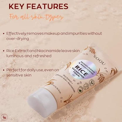 SOQU Rice Foam Cleanser with Niacinamide & Hyaluronic Acid – Gentle Korean Face Wash for Hydrating & Brightening – Made in Korea – 200ml
