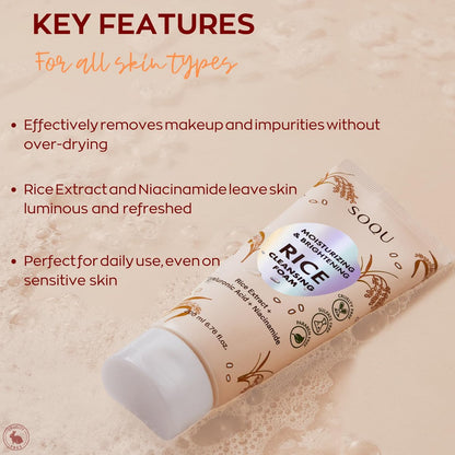 SOQU Rice Foam Cleanser with Niacinamide & Hyaluronic Acid – Gentle Korean Face Wash for Hydrating & Brightening – Made in Korea – 200ml