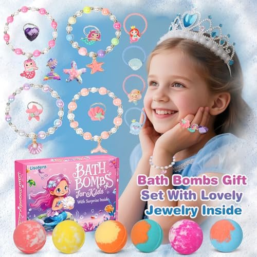 12-Piece Girls Bath Bombs with Toys Inside – Mermaid Princess Surprise Jewelry Set for Kids, Natural Fizzing Bath Fizzies, Birthday Gift or Stocking Stuffer Avelisse