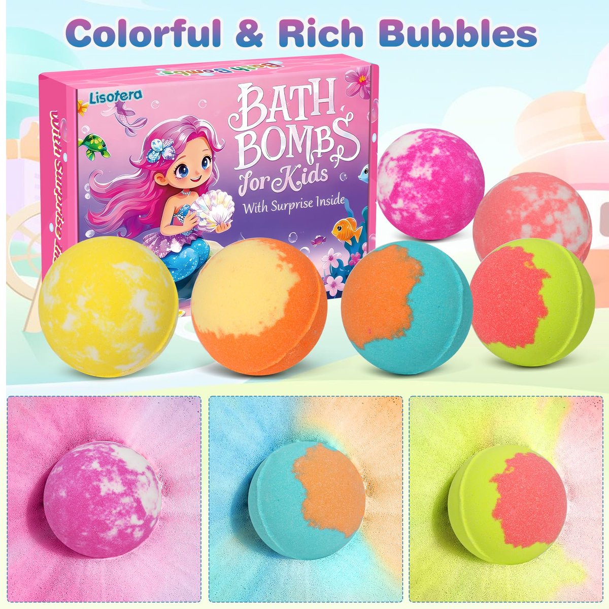12-Piece Girls Bath Bombs with Toys Inside – Mermaid Princess Surprise Jewelry Set for Kids, Natural Fizzing Bath Fizzies, Birthday Gift or Stocking Stuffer Avelisse