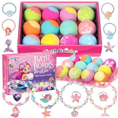 12-Piece Girls Bath Bombs with Toys Inside – Mermaid Princess Surprise Jewelry Set for Kids, Natural Fizzing Bath Fizzies, Birthday Gift or Stocking Stuffer Avelisse