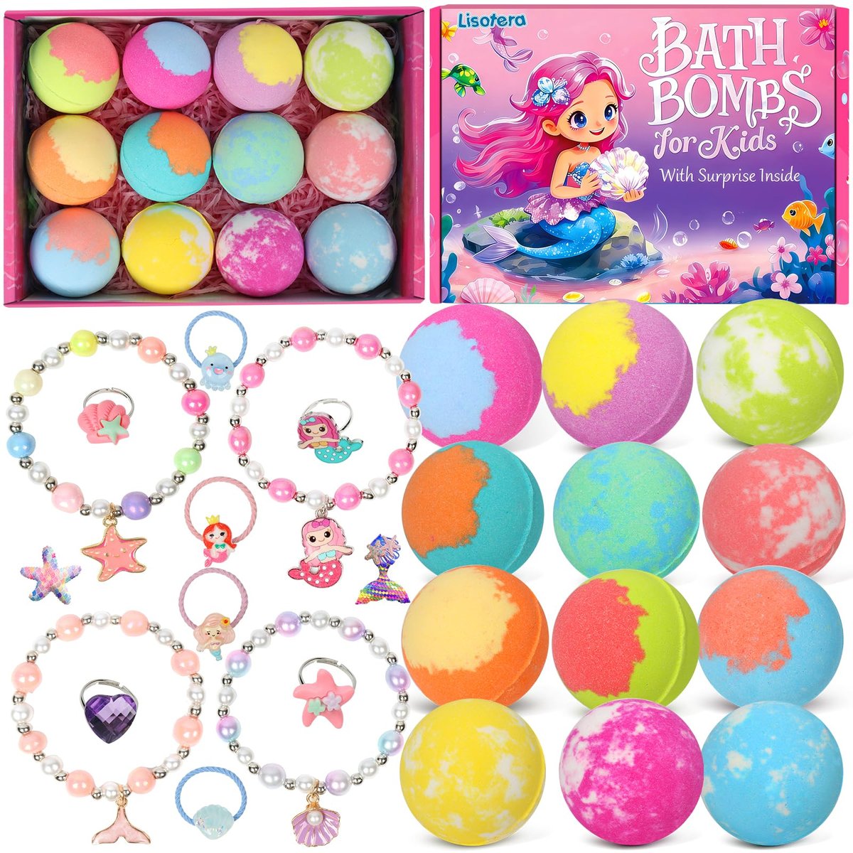 12-Piece Girls Bath Bombs with Toys Inside – Mermaid Princess Surprise Jewelry Set for Kids, Natural Fizzing Bath Fizzies, Birthday Gift or Stocking Stuffer Avelisse