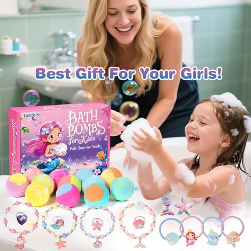 12-Piece Girls Bath Bombs with Toys Inside – Mermaid Princess Surprise Jewelry Set for Kids, Natural Fizzing Bath Fizzies, Birthday Gift or Stocking Stuffer Avelisse
