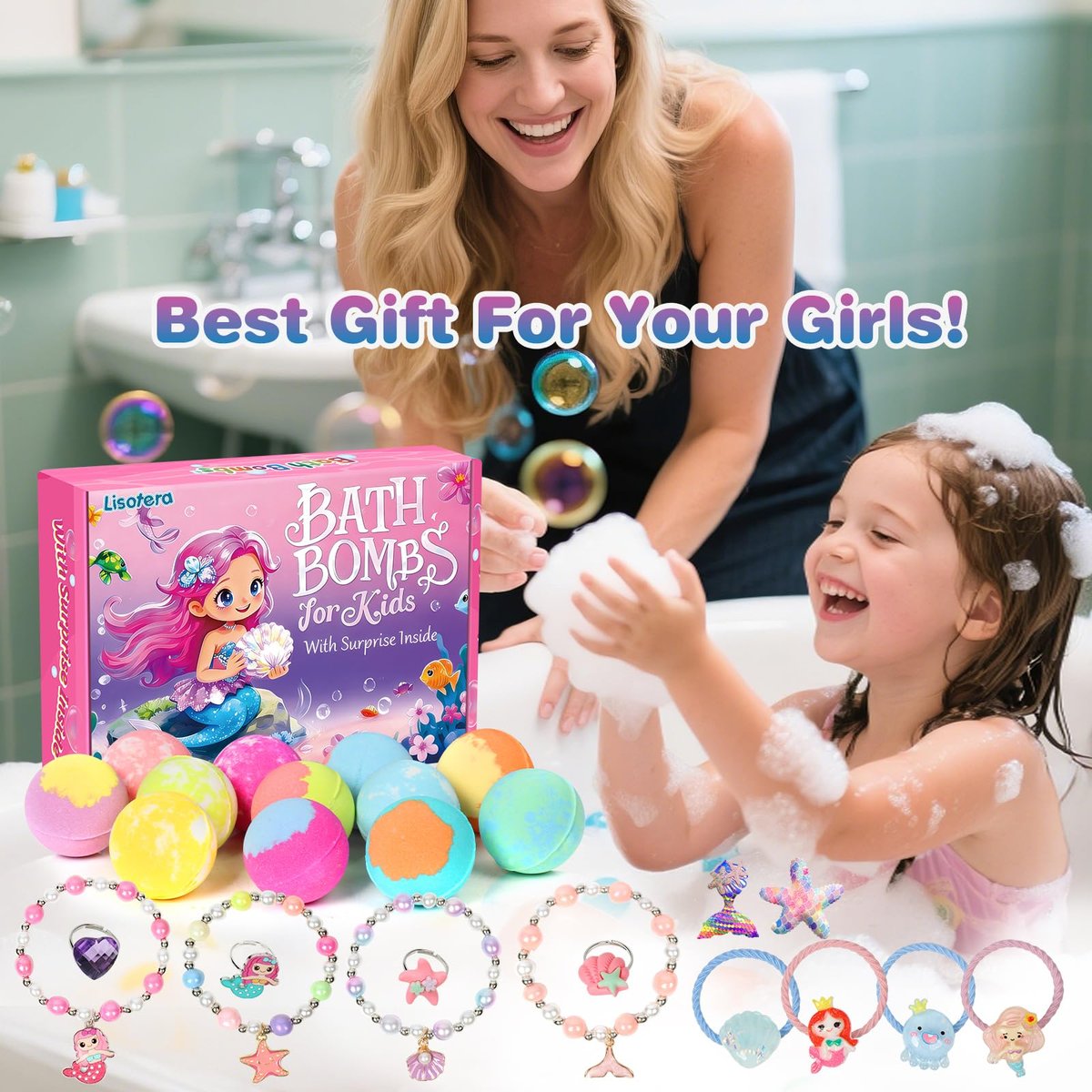 12-Piece Girls Bath Bombs with Toys Inside – Mermaid Princess Surprise Jewelry Set for Kids, Natural Fizzing Bath Fizzies, Birthday Gift or Stocking Stuffer Avelisse