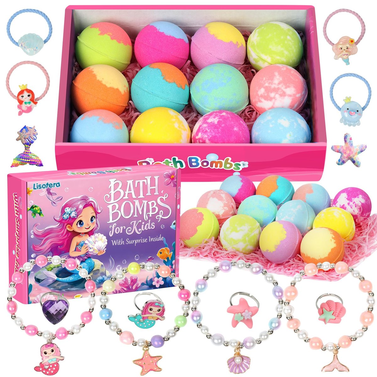 12-Piece Girls Bath Bombs with Toys Inside – Mermaid Princess Surprise Jewelry Set for Kids, Natural Fizzing Bath Fizzies, Birthday Gift or Stocking Stuffer Avelisse
