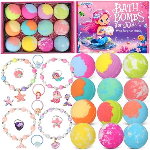 12-Piece Girls Bath Bombs with Toys Inside – Mermaid Princess Surprise Jewelry Set for Kids, Natural Fizzing Bath Fizzies, Birthday Gift or Stocking Stuffer Avelisse