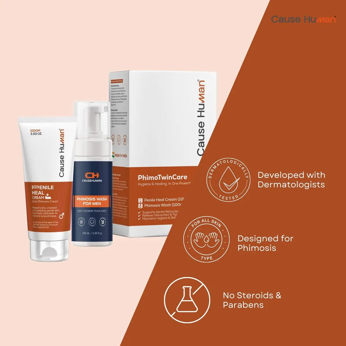 Cause Human PhimoTwinCare – Penile Heal Cream (100g) + Phimosis Wash for Men (100ml) | Daily Use Combo | Steroid-Free & Gentle on Sensitive Skin Avelisse