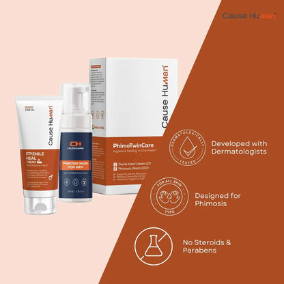 Cause Human PhimoTwinCare – Penile Heal Cream (100g) + Phimosis Wash for Men (100ml) | Daily Use Combo | Steroid-Free & Gentle on Sensitive Skin Avelisse