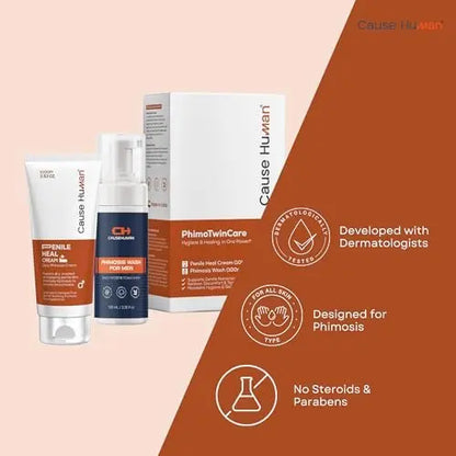 Cause Human PhimoTwinCare – Penile Heal Cream (100g) + Phimosis Wash for Men (100ml) | Daily Use Combo | Steroid-Free & Gentle on Sensitive Skin Avelisse