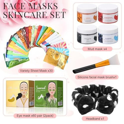 Viozakanry 96-Piece Face Mask Set with Hydrating Peel-Off Masks, Clay Masks, Under-Eye Patches, Mask Brush & Headband – Suitable for Sensitive Skin