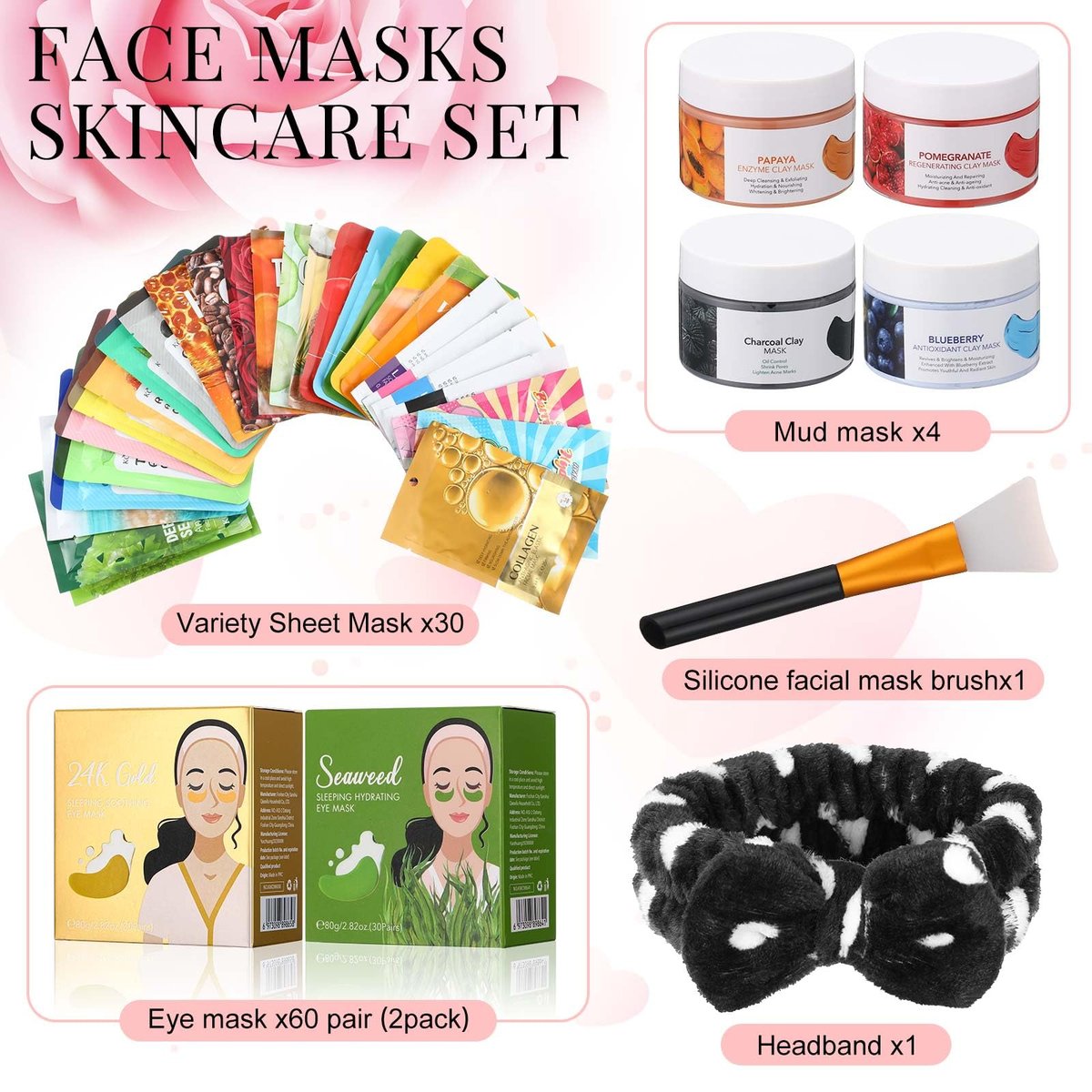 Viozakanry 96-Piece Face Mask Set with Hydrating Peel-Off Masks, Clay Masks, Under-Eye Patches, Mask Brush & Headband – Suitable for Sensitive Skin - görsel 3