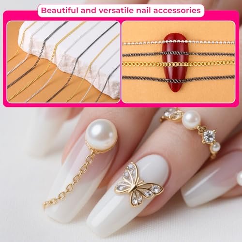 JIYIN 12 Strips Metal Nail Chain Charms - Gold, Silver, Gray 3D Nail Art Chains with Box for DIY Manicure - görsel 6