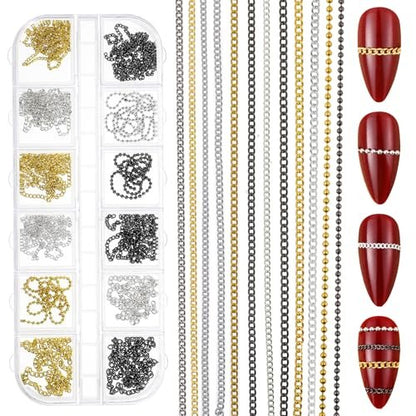 JIYIN 12 Strips Metal Nail Chain Charms - Gold, Silver, Gray 3D Nail Art Chains with Box for DIY Manicure