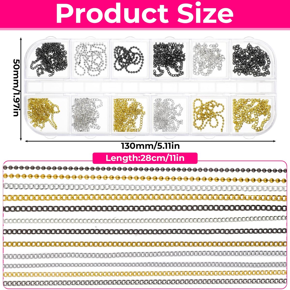 JIYIN 12 Strips Metal Nail Chain Charms - Gold, Silver, Gray 3D Nail Art Chains with Box for DIY Manicure - görsel 3