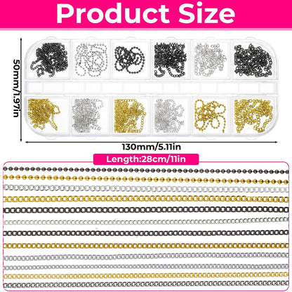 JIYIN 12 Strips Metal Nail Chain Charms - Gold, Silver, Gray 3D Nail Art Chains with Box for DIY Manicure