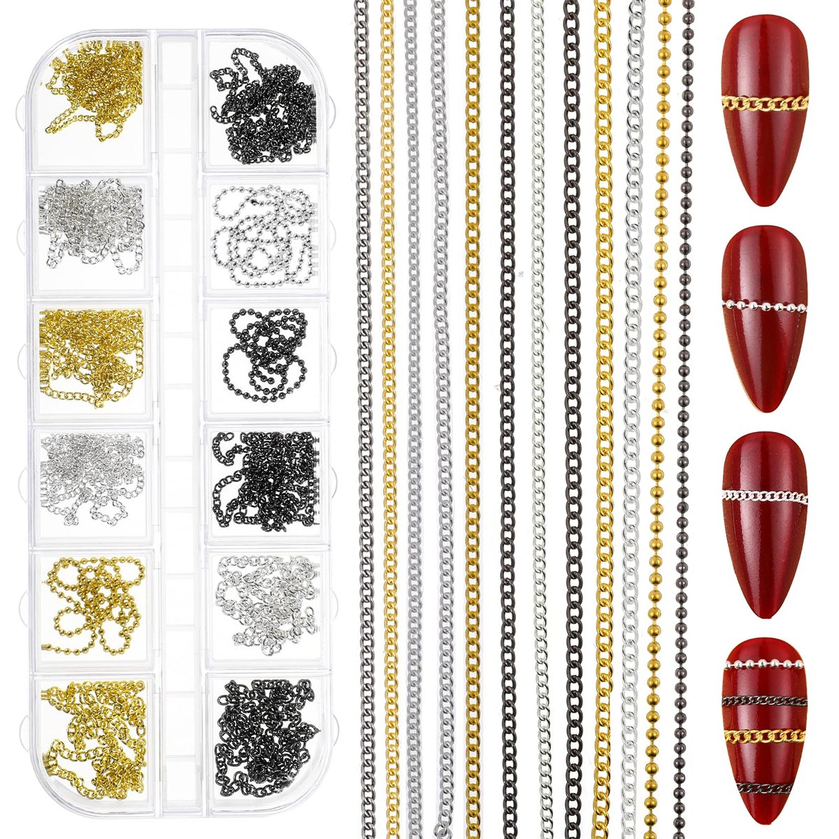 JIYIN 12 Strips Metal Nail Chain Charms - Gold, Silver, Gray 3D Nail Art Chains with Box for DIY Manicure - görsel 1
