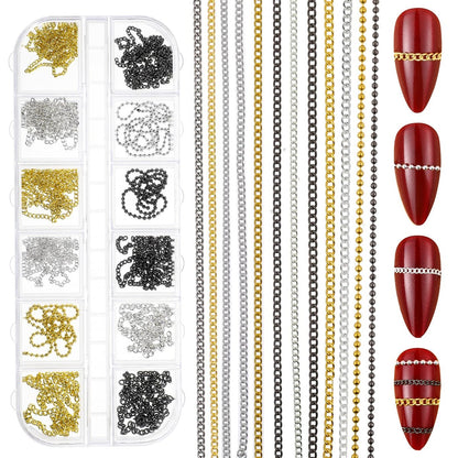 JIYIN 12 Strips Metal Nail Chain Charms - Gold, Silver, Gray 3D Nail Art Chains with Box for DIY Manicure