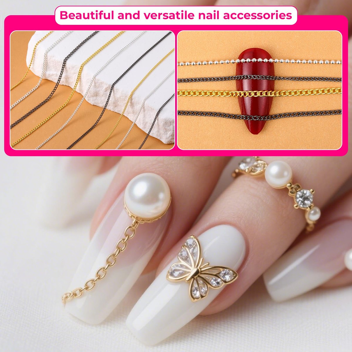 JIYIN 12 Strips Metal Nail Chain Charms - Gold, Silver, Gray 3D Nail Art Chains with Box for DIY Manicure - görsel 5