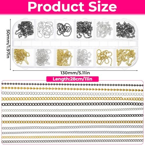 JIYIN 12 Strips Metal Nail Chain Charms - Gold, Silver, Gray 3D Nail Art Chains with Box for DIY Manicure - görsel 4
