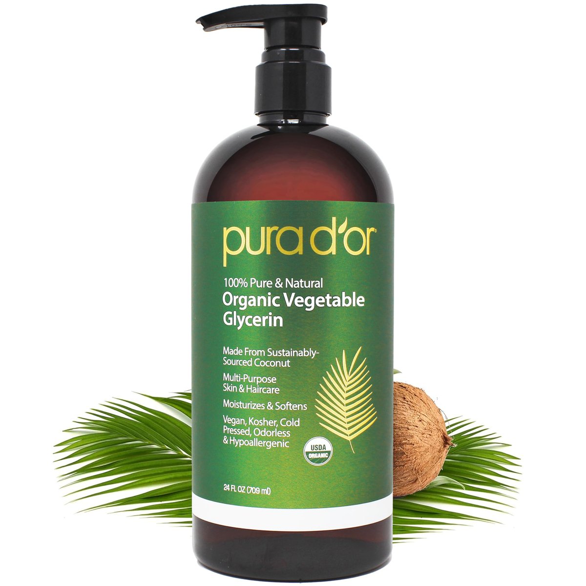PURA D'OR 24 Oz Organic Vegetable Glycerin - Derived From Coconut - Clear & Odorless - 100% Pure Premium Grade, Non-GMO, Kosher, Vegan, Cold Pressed - DIY Skin Care Base for Hair & Body - görsel 1