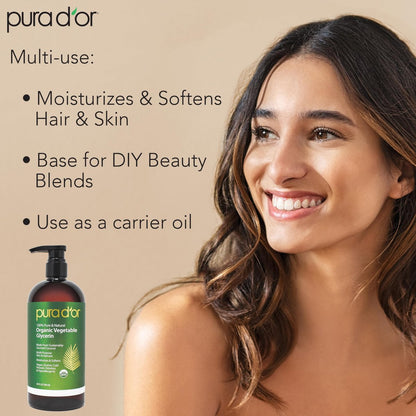 PURA D'OR 24 Oz Organic Vegetable Glycerin - Derived From Coconut - Clear & Odorless - 100% Pure Premium Grade, Non-GMO, Kosher, Vegan, Cold Pressed - DIY Skin Care Base for Hair & Body