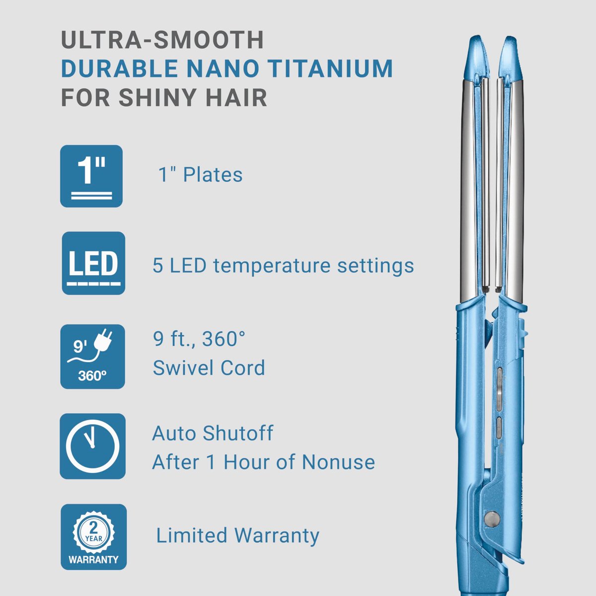 BaBylissPRO 1" Ultra-Sleek Stainless Steel Styling Iron – 3-in-1 Hair Straightener, Waver & Curling Tool with Nano Titanium | Blue Avelisse