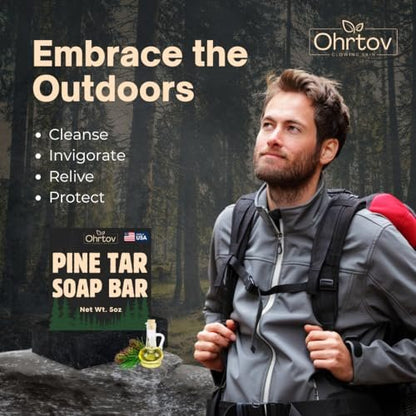 Ohrtov Pine Tar Soap Bar – Natural Face & Body Wash for Acne, Eczema, Psoriasis & Itch Relief with Activated Charcoal & Colloidal Oatmeal – 5 oz, Made in USA