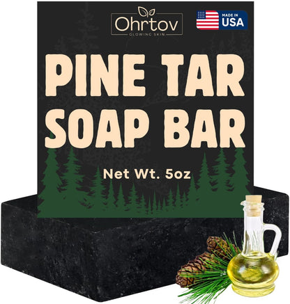 Ohrtov Pine Tar Soap Bar – Natural Face & Body Wash for Acne, Eczema, Psoriasis & Itch Relief with Activated Charcoal & Colloidal Oatmeal – 5 oz, Made in USA