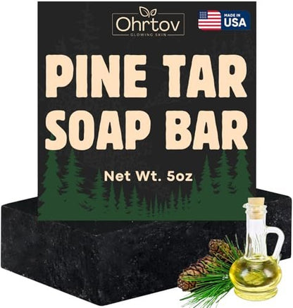 Ohrtov Pine Tar Soap Bar – Natural Face & Body Wash for Acne, Eczema, Psoriasis & Itch Relief with Activated Charcoal & Colloidal Oatmeal – 5 oz, Made in USA