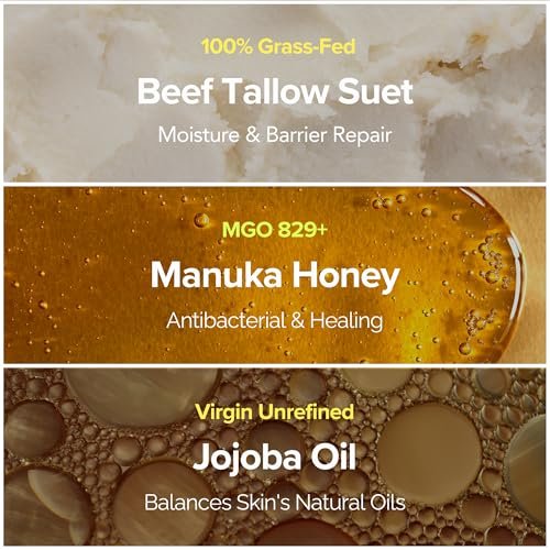 Cinder Brands 100% Grass-Fed Suet Beef Tallow and Manuka Honey Balm - Natural Moisturizer Cream with Vitamin E Oil for Face & Body, Eczema Relief for Dry Skin, Pure Tallow Face Moisturizer for Sensitive Skin (4 Fl Oz) Avelisse