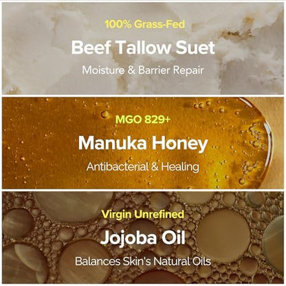 Cinder Brands 100% Grass-Fed Suet Beef Tallow and Manuka Honey Balm - Natural Moisturizer Cream with Vitamin E Oil for Face & Body, Eczema Relief for Dry Skin, Pure Tallow Face Moisturizer for Sensitive Skin (4 Fl Oz) Avelisse
