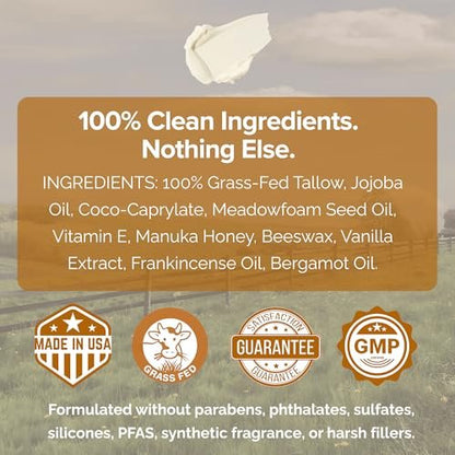 Cinder Brands 100% Grass-Fed Suet Beef Tallow and Manuka Honey Balm - Natural Moisturizer Cream with Vitamin E Oil for Face & Body, Eczema Relief for Dry Skin, Pure Tallow Face Moisturizer for Sensitive Skin (4 Fl Oz) Avelisse