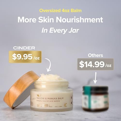 Cinder Brands 100% Grass-Fed Suet Beef Tallow and Manuka Honey Balm - Natural Moisturizer Cream with Vitamin E Oil for Face & Body, Eczema Relief for Dry Skin, Pure Tallow Face Moisturizer for Sensitive Skin (4 Fl Oz) Avelisse