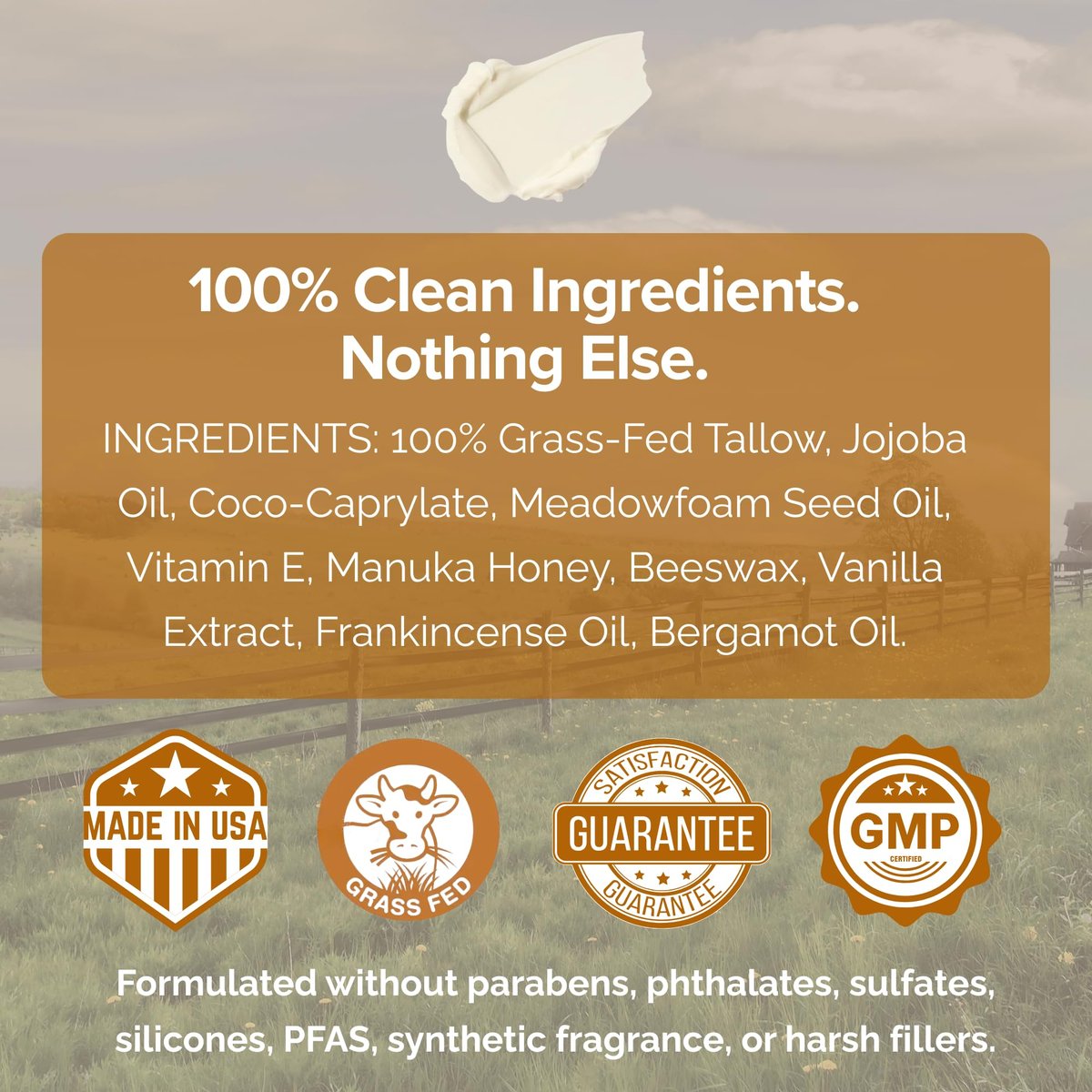 Cinder Brands 100% Grass-Fed Suet Beef Tallow and Manuka Honey Balm - Natural Moisturizer Cream with Vitamin E Oil for Face & Body, Eczema Relief for Dry Skin, Pure Tallow Face Moisturizer for Sensitive Skin (4 Fl Oz) Avelisse