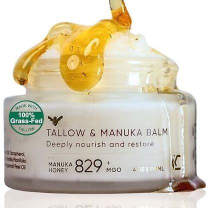 Cinder Brands 100% Grass-Fed Suet Beef Tallow and Manuka Honey Balm - Natural Moisturizer Cream with Vitamin E Oil for Face & Body, Eczema Relief for Dry Skin, Pure Tallow Face Moisturizer for Sensitive Skin (4 Fl Oz) Avelisse