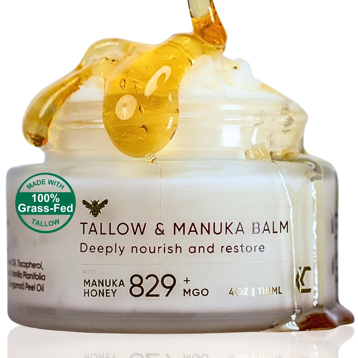 Cinder Brands 100% Grass-Fed Suet Beef Tallow and Manuka Honey Balm - Natural Moisturizer Cream with Vitamin E Oil for Face & Body, Eczema Relief for Dry Skin, Pure Tallow Face Moisturizer for Sensitive Skin (4 Fl Oz) Avelisse