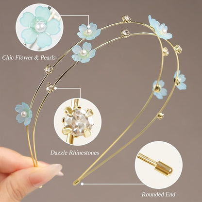 AIBFRID 2PCS Metal Flower Headbands for Women - Thin Non-Slip Hairbands with Rhinestones & Pearls, Cute Bridal Hair Accessories for Women Teens Girls