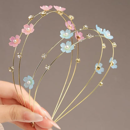 AIBFRID 2PCS Metal Flower Headbands for Women - Thin Non-Slip Hairbands with Rhinestones & Pearls, Cute Bridal Hair Accessories for Women Teens Girls