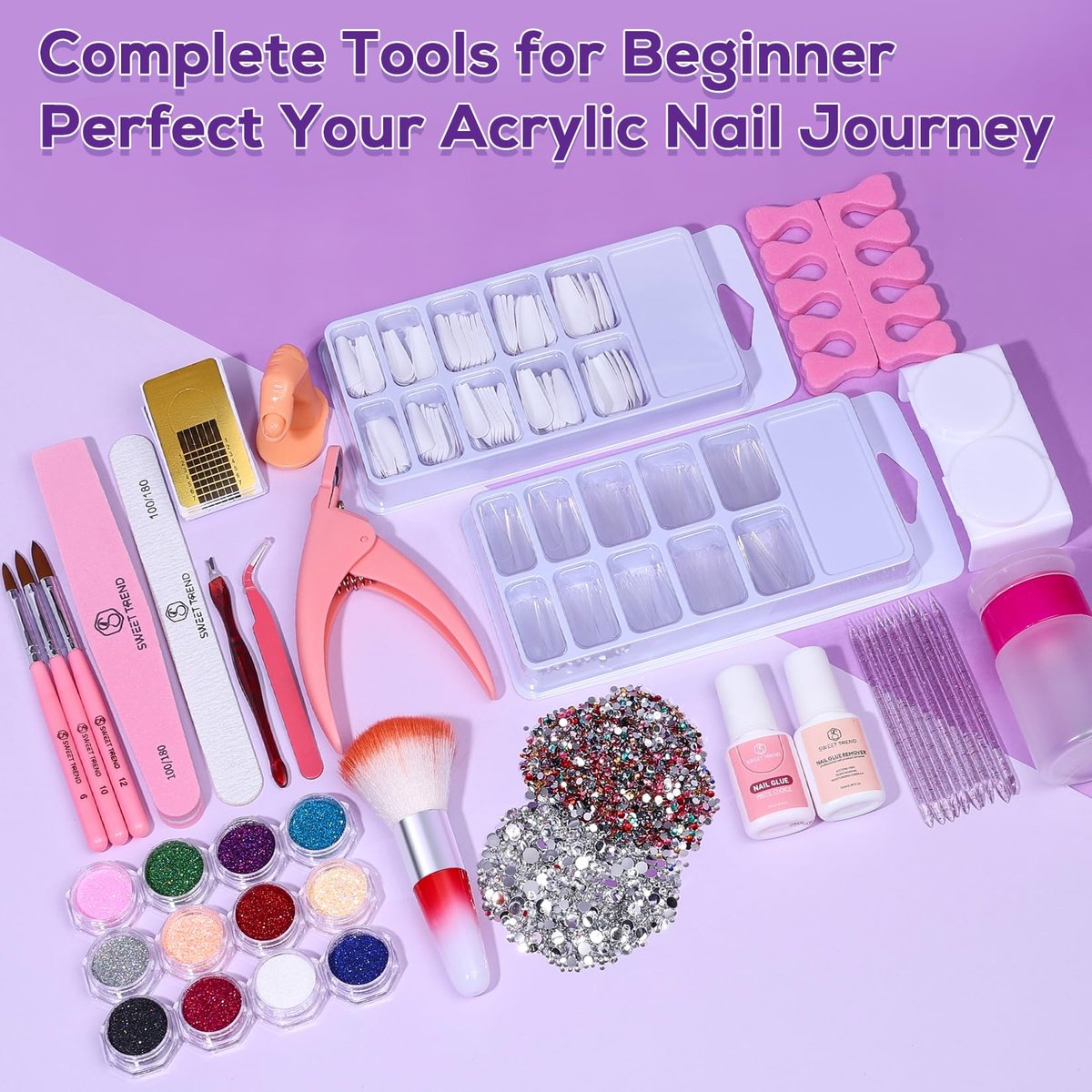 Beginners Nail Kit Acrylic Set: Professional Ultra-fine Acrylic Powder Kit with Everything - Starter Set with 600 Nail Tips, Glitter Powder, Nail Glue & Remover - Nail Art Supplies for DIY Home Salon Avelisse