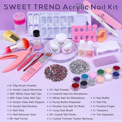 Beginners Nail Kit Acrylic Set: Professional Ultra-fine Acrylic Powder Kit with Everything - Starter Set with 600 Nail Tips, Glitter Powder, Nail Glue & Remover - Nail Art Supplies for DIY Home Salon Avelisse