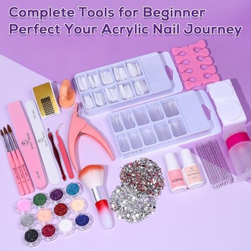 Beginners Nail Kit Acrylic Set: Professional Ultra-fine Acrylic Powder Kit with Everything - Starter Set with 600 Nail Tips, Glitter Powder, Nail Glue & Remover - Nail Art Supplies for DIY Home Salon Avelisse